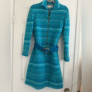 Teal Patterned Long Sleeve Wool Dress with Matching Belt. Ice Princess Vibes